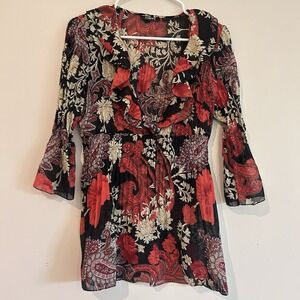 Dark Floral Blouse Sz M Sheer Crinkle Whimsigoth Bell Sleeve Ruffle Red Elementz